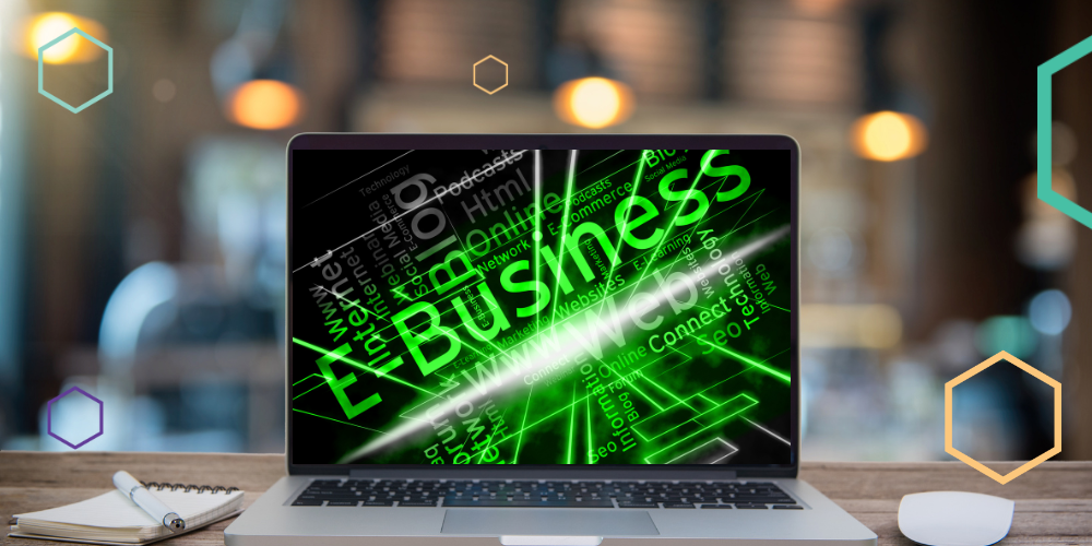 computer screen with ebusiness solutions graphic